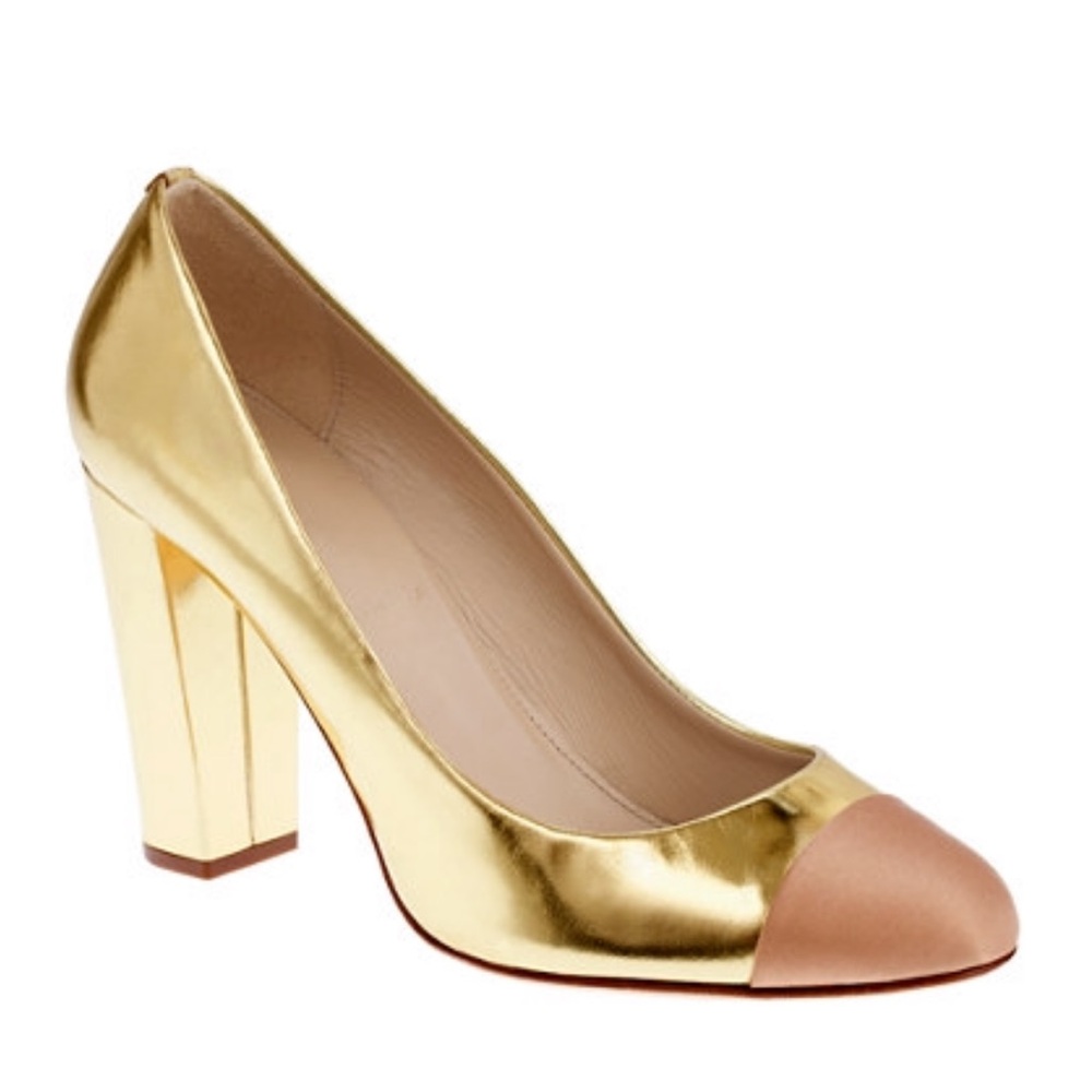 Vintage 2013 J.Crew Etta Gold and Nude Cap-Toe Block Heel Pumps
